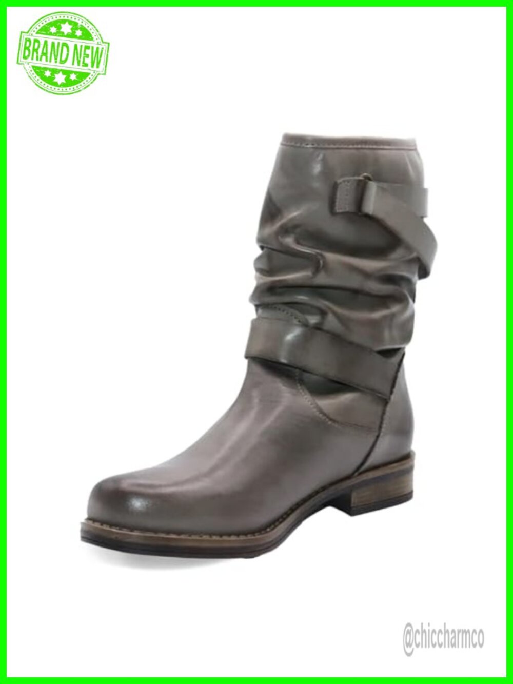 Moto Leather Ankle Bootie with Harness Straps Slouchy Shaft